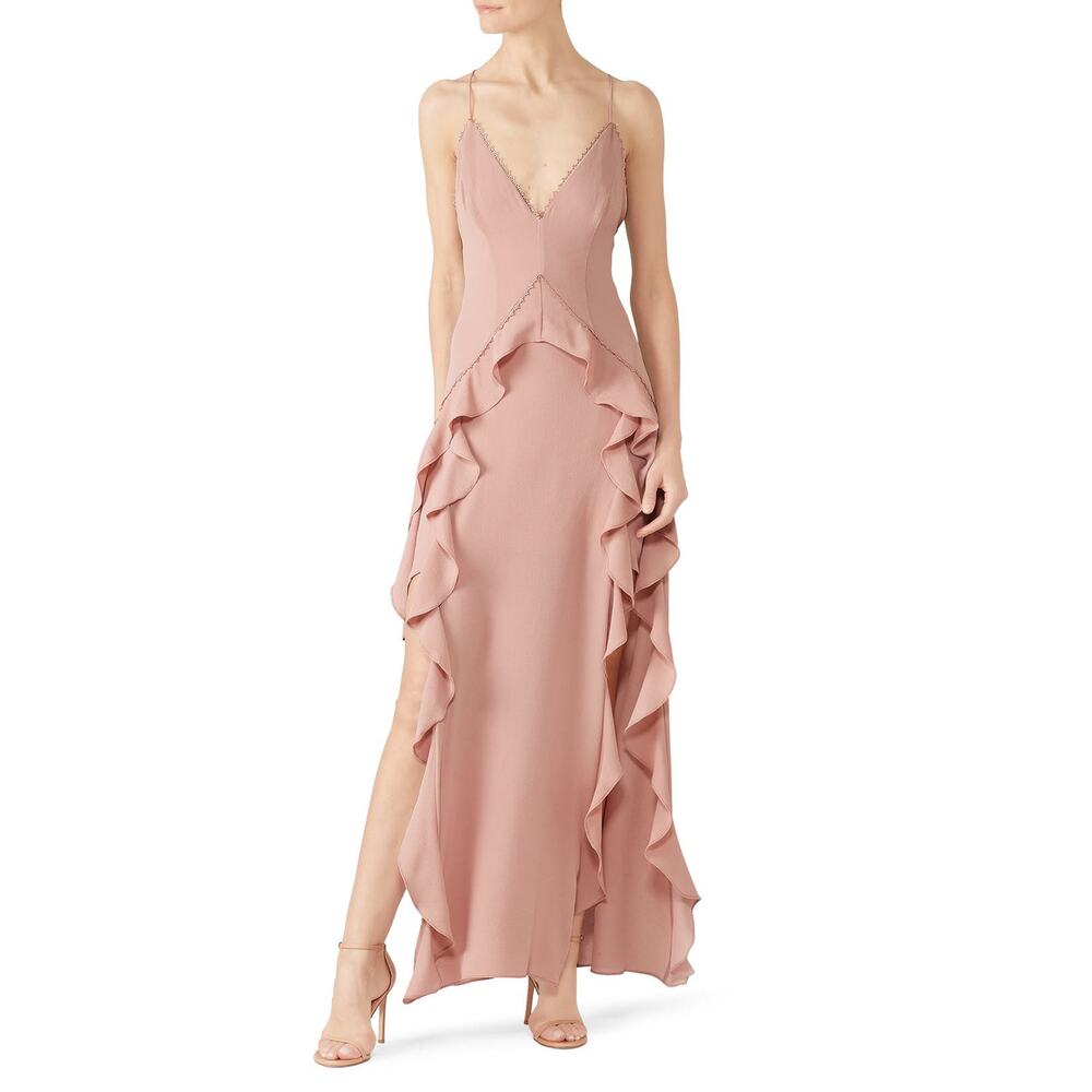 The Jetset Diaries Light My Fire Nude Pink Ruffled V-Neck Gown Size Small‎